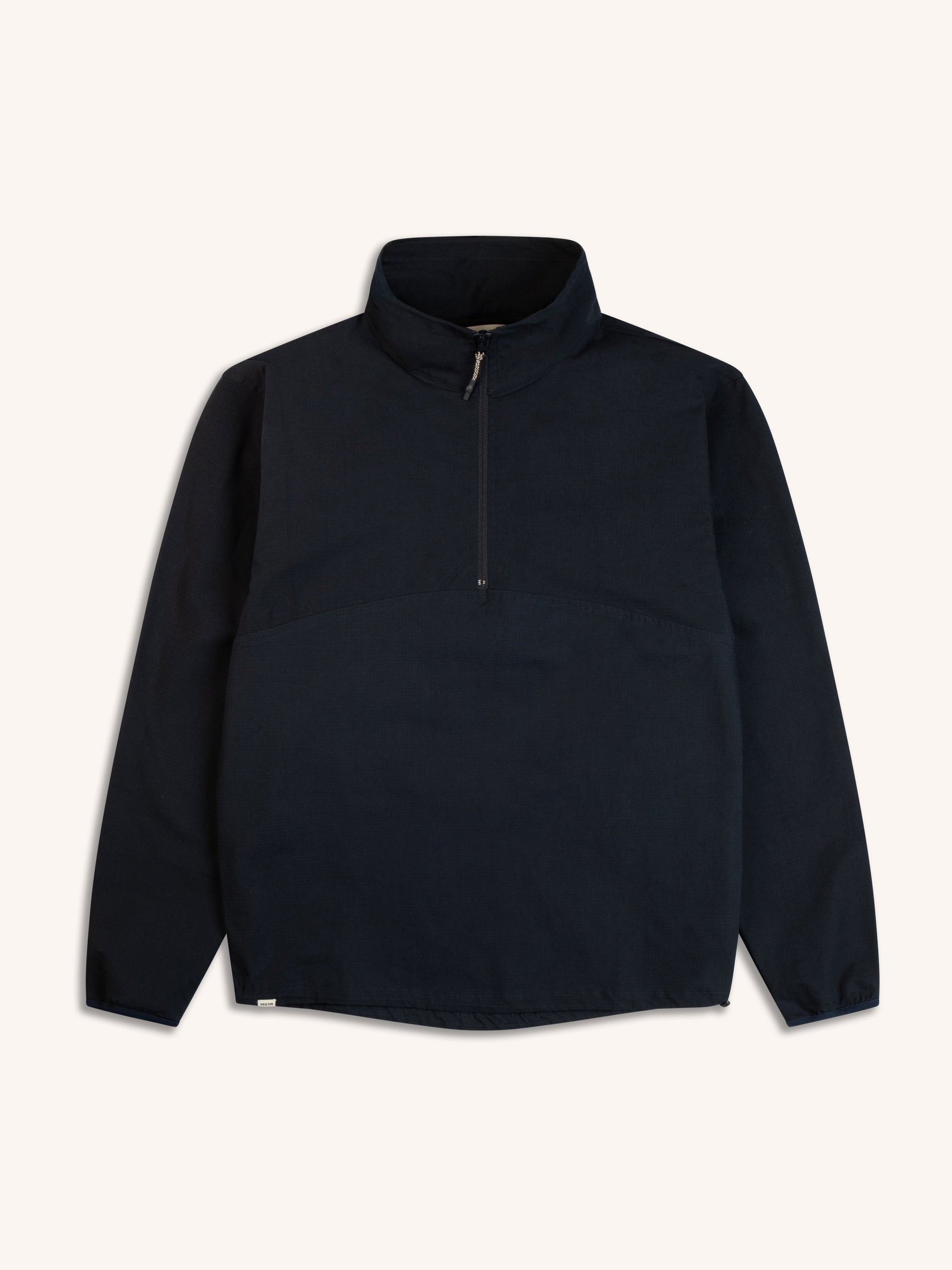 A dark navy men's pullover jacket on a white background.