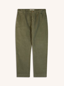 A pair of green moleskin trousers from menswear designer KESTIN on a white background.