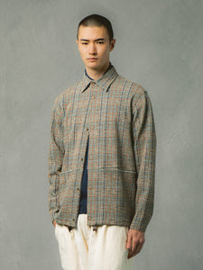 A model wearing a check coach jacket from Scottish designer KESTIN.