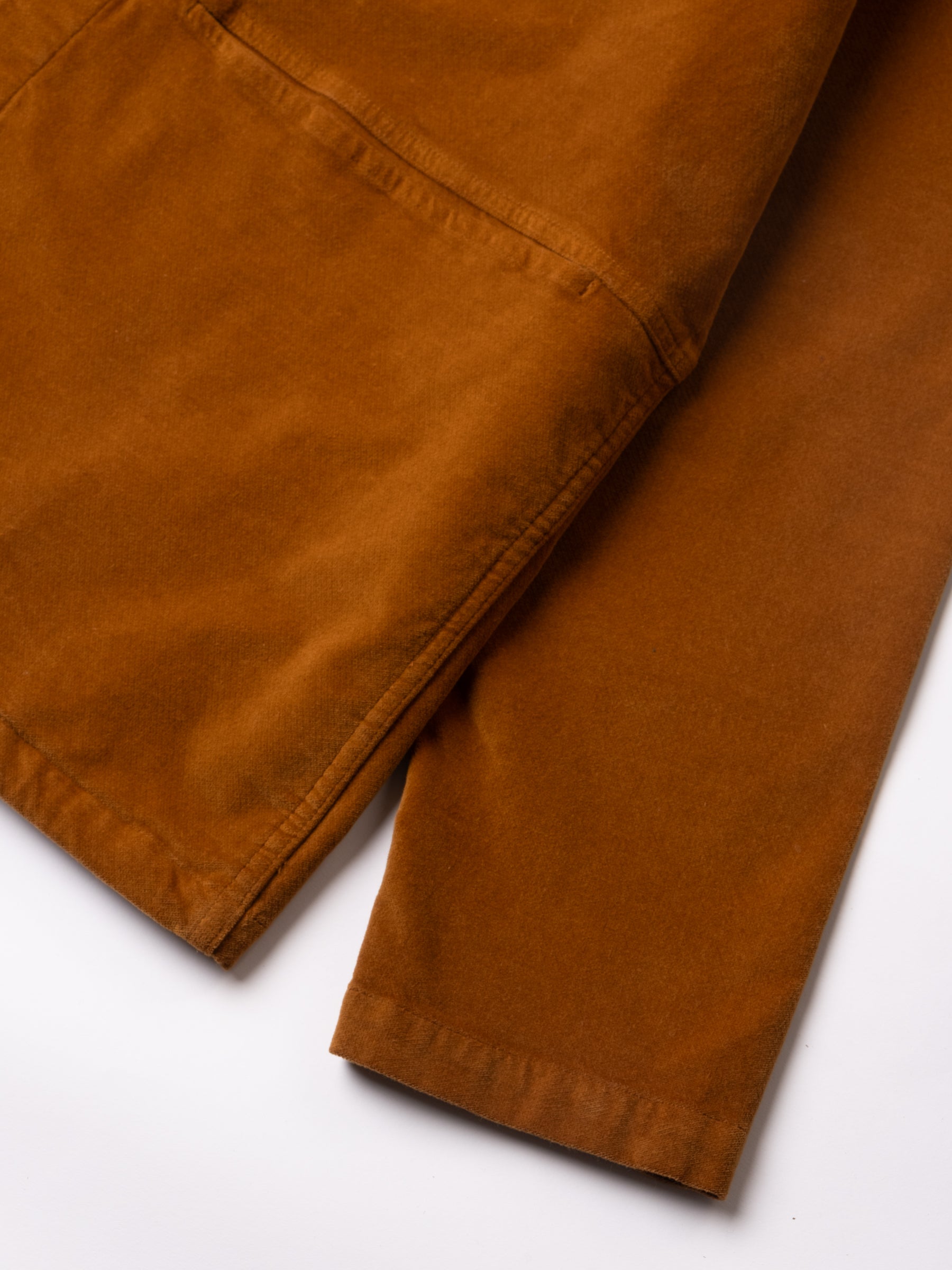 The hem and cuff of the KESTIN Armadale Coach Jacket in tobacco brown moleskin.