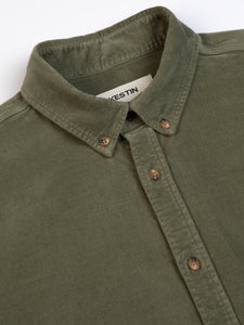 A close-up of the collar or the KESTIN Raeburn Shirt in green moleskin.