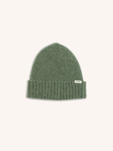 A moss green beanie made from lambswool, on a white background