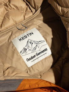 The KESTIN Outdoor Garments neck label, sewn into the Cuillin Down Jacket.