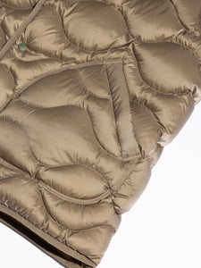 The patch pocket to the front of the KESTIN Cuillin Down Vest in olive green.