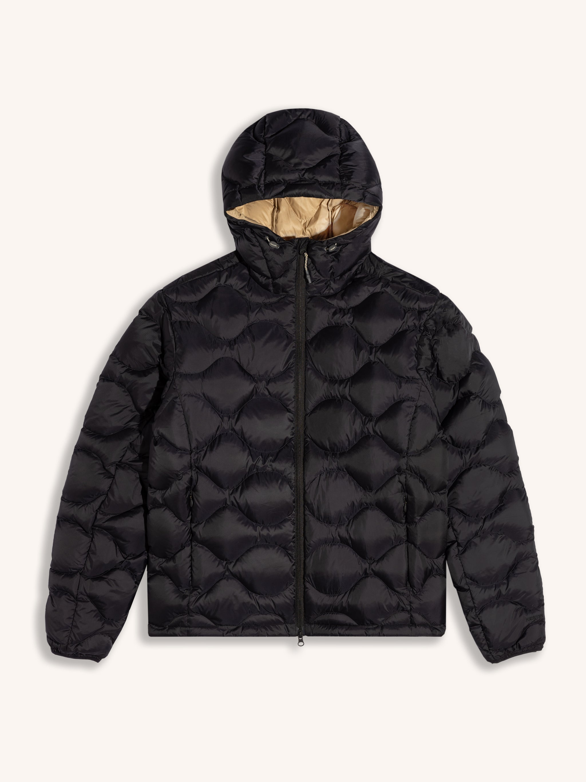 A men's black down jacket with 600 fill power, on a white background.