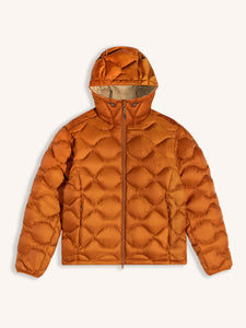 An orange down jacket with 600 fill power, on a white background.