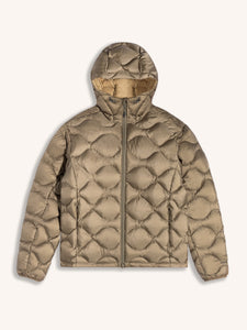 A light green down jacket with 600 fill power, on a white background.