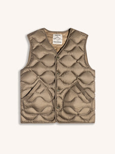 A down insulated gilet in light olive, on a white background.