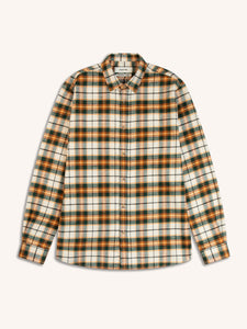 A men's yellow and white check flannel shirt