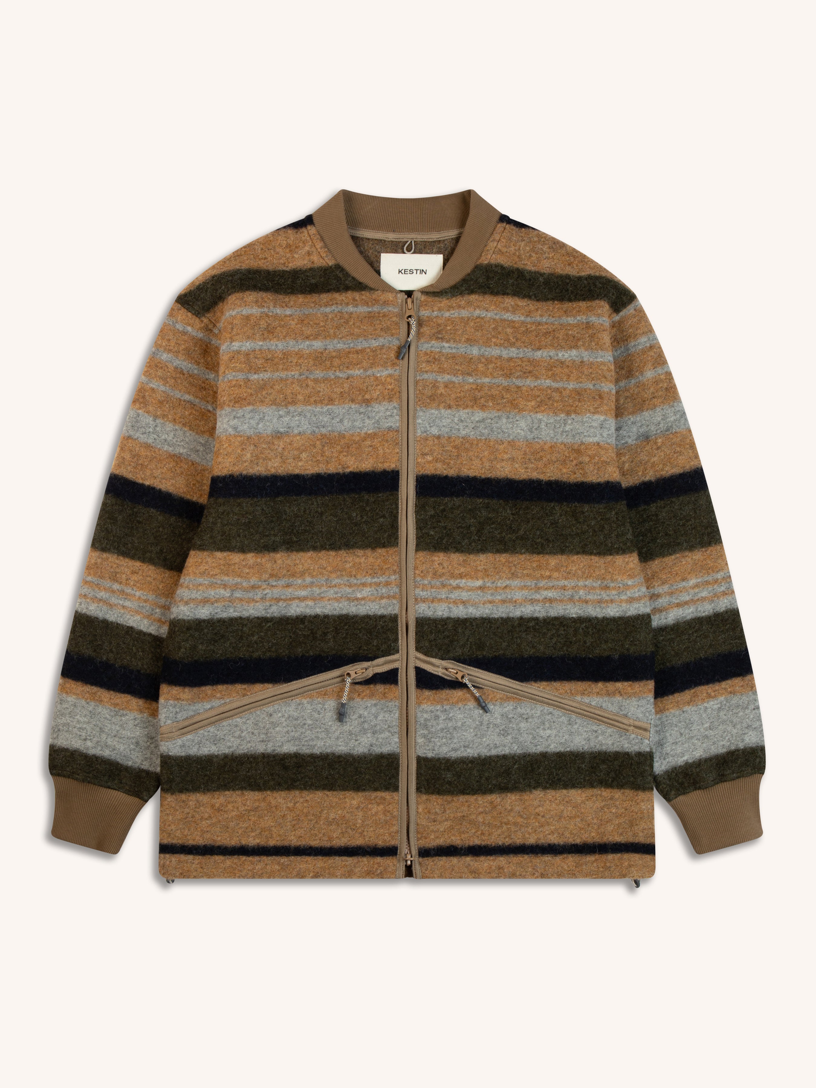 A brown striped fleece from Scottish clothing brand KESTIN, on a white background.