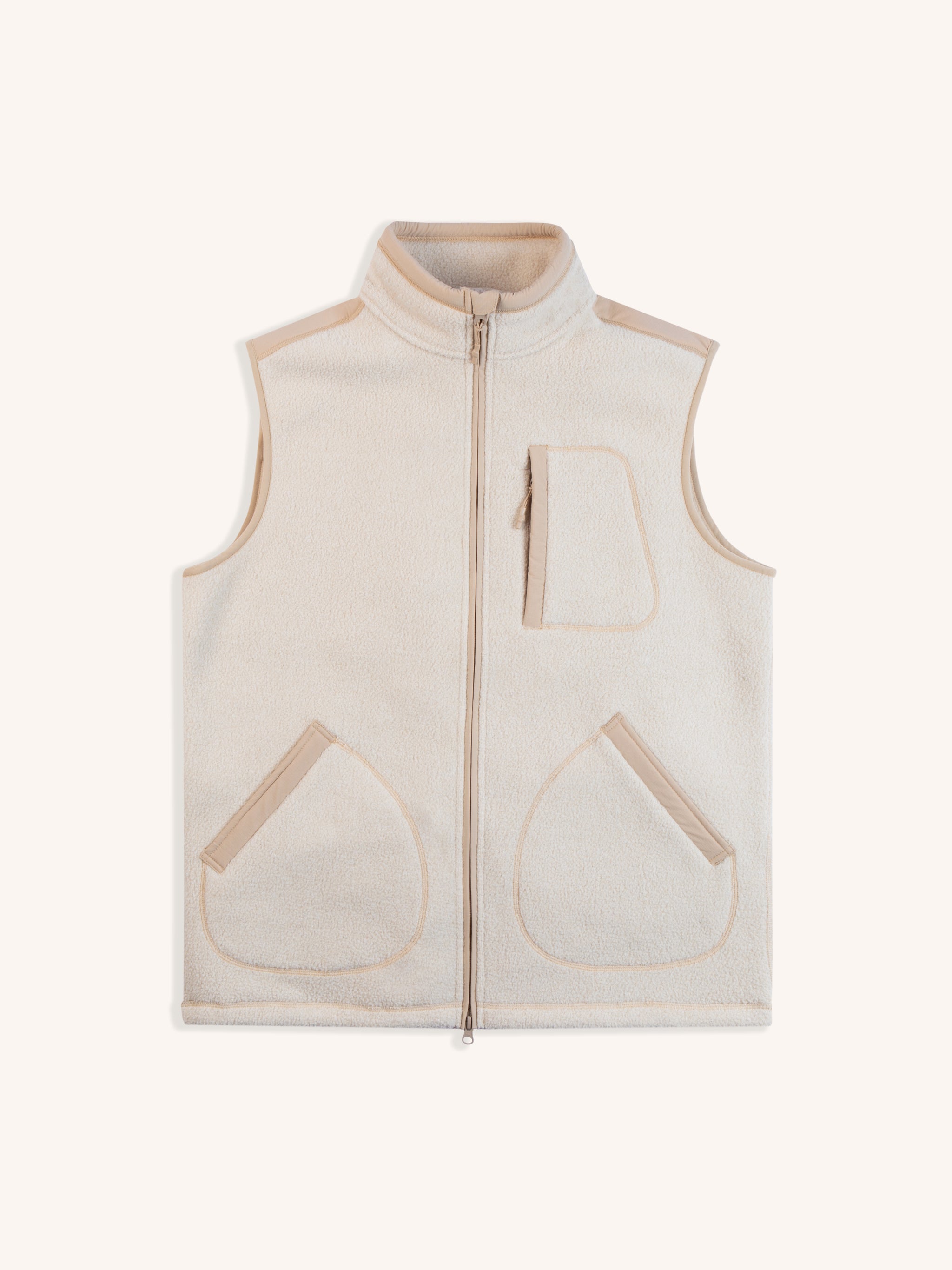 A men's fleece gilet/vest in a cream colour by men's brand KESTIN on a white background.