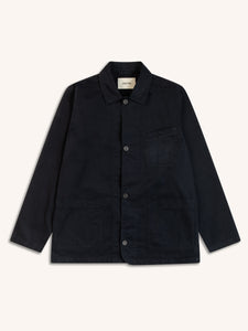 A dark navy blue chore coat on a white background.