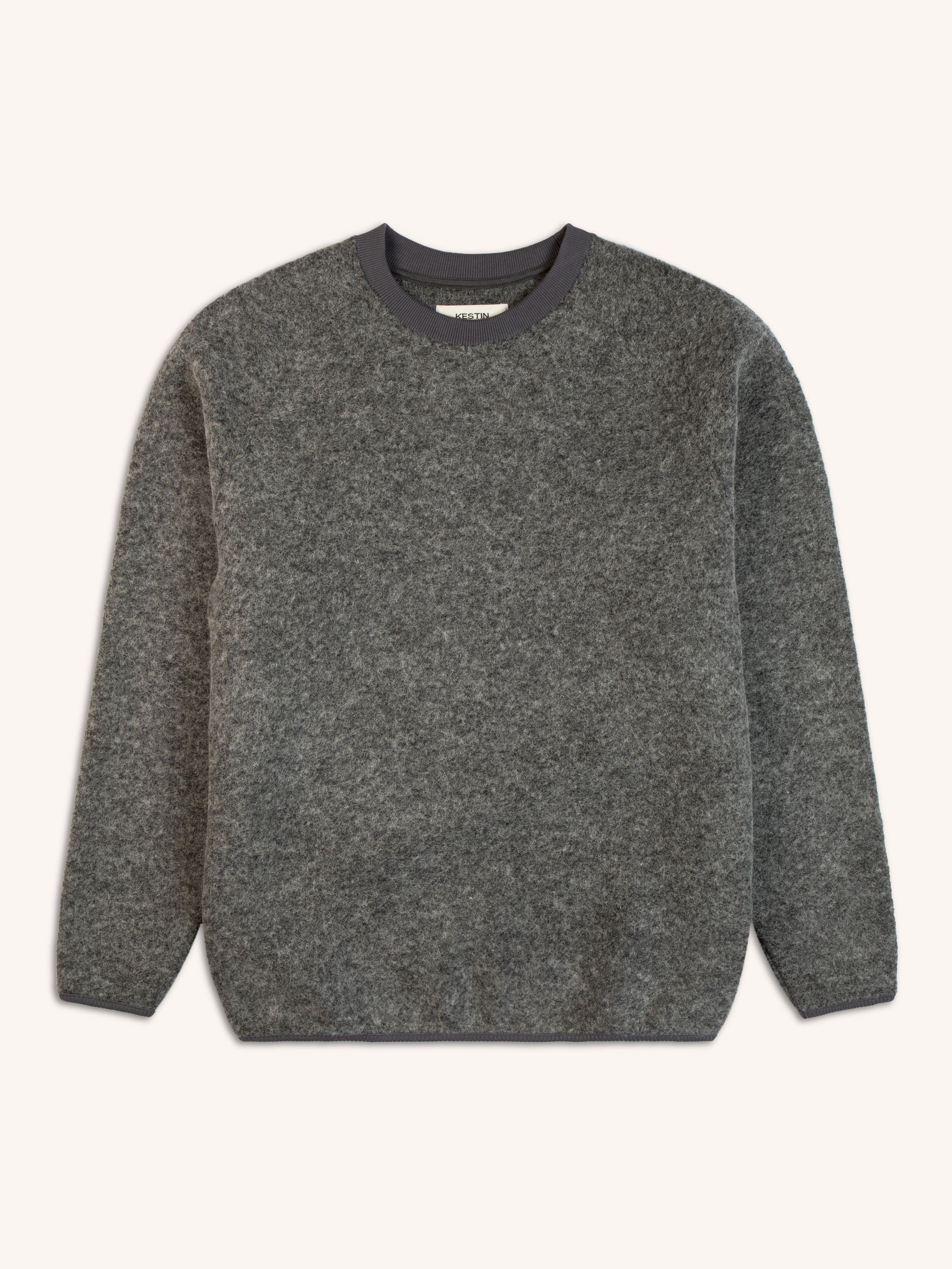 A grey wool fleece sweatshirt on a white background.