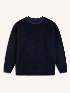 A navy blue wool fleece sweatshirt from British designer KESTIN, on a white background.