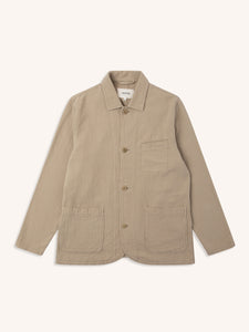 A khaki coloured men's chore coat, on a white background.