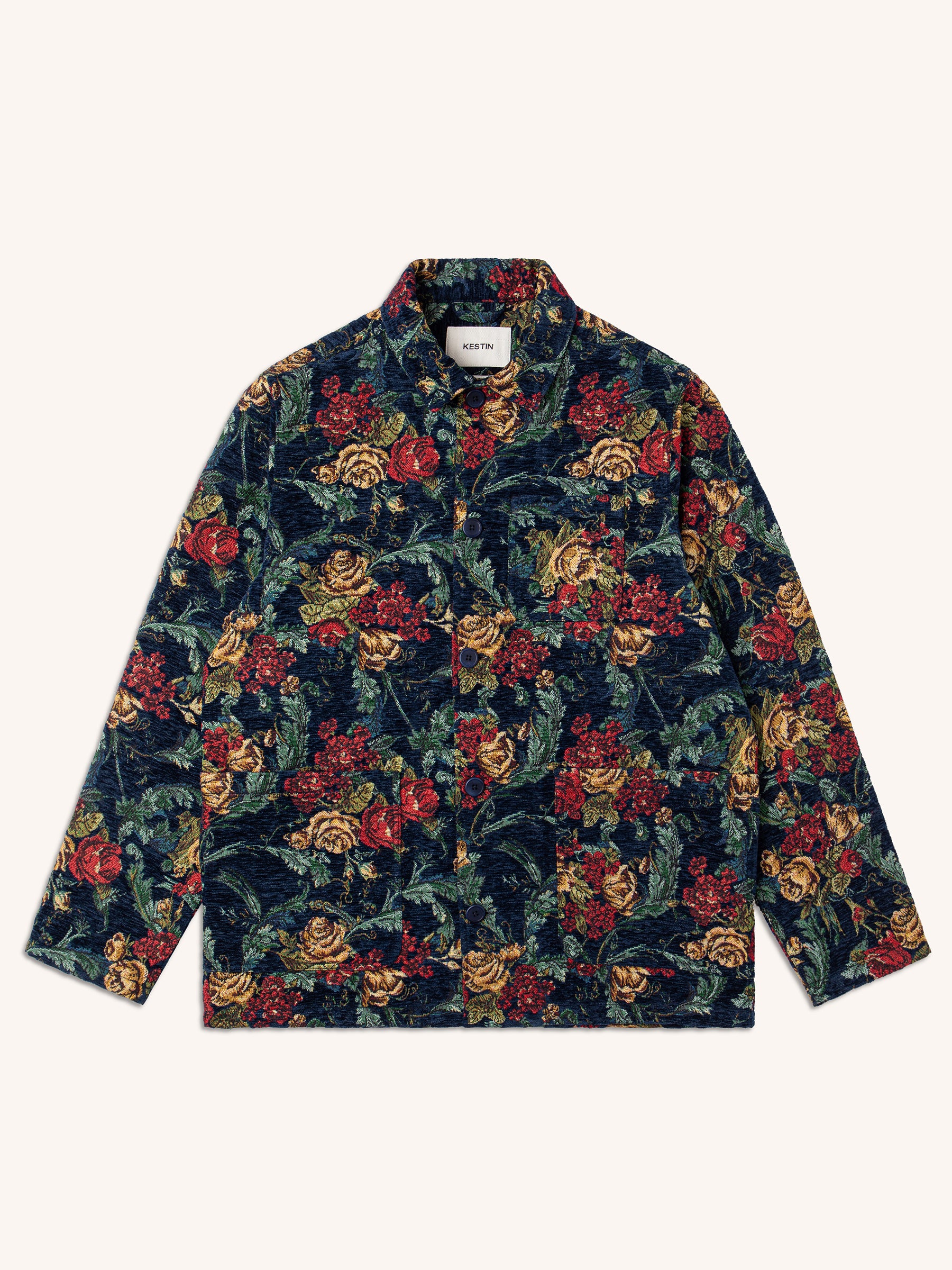 A mens navy blue floral jacket on a white background.