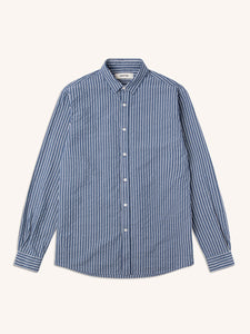 A blue striped shirt from Scottish menswear brand KESTIN, on a white background.