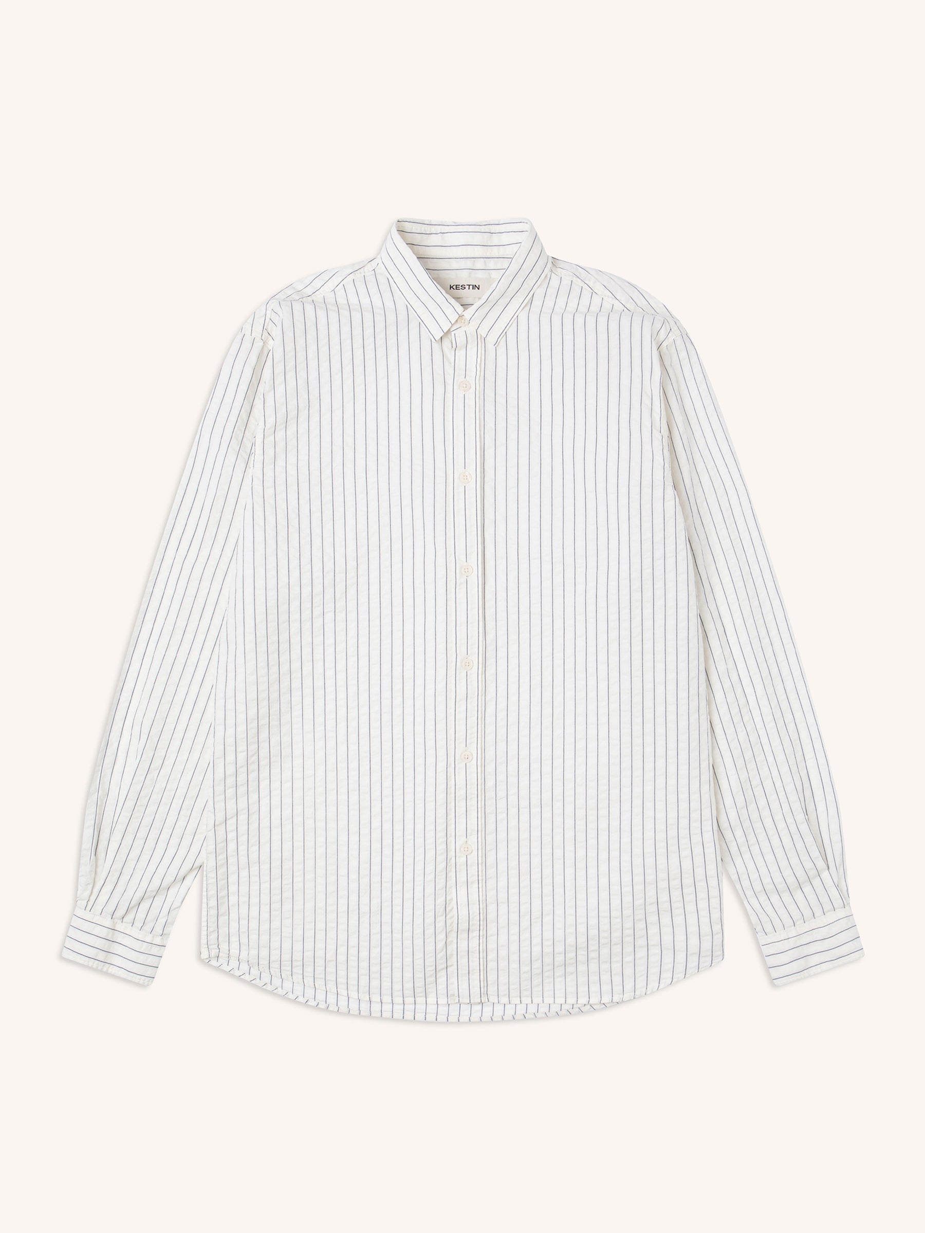 A men's smart white shirt with a stripe pattern, on a white background.