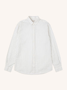 A men's smart white shirt with a stripe pattern, on a white background.