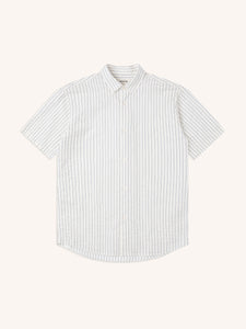 A men's white short sleeve shirt with a stripe pattern, on a white background.