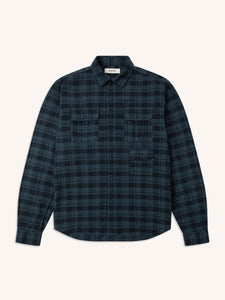 A cotton/linen blend shirt in a dark blue check, on a white background.