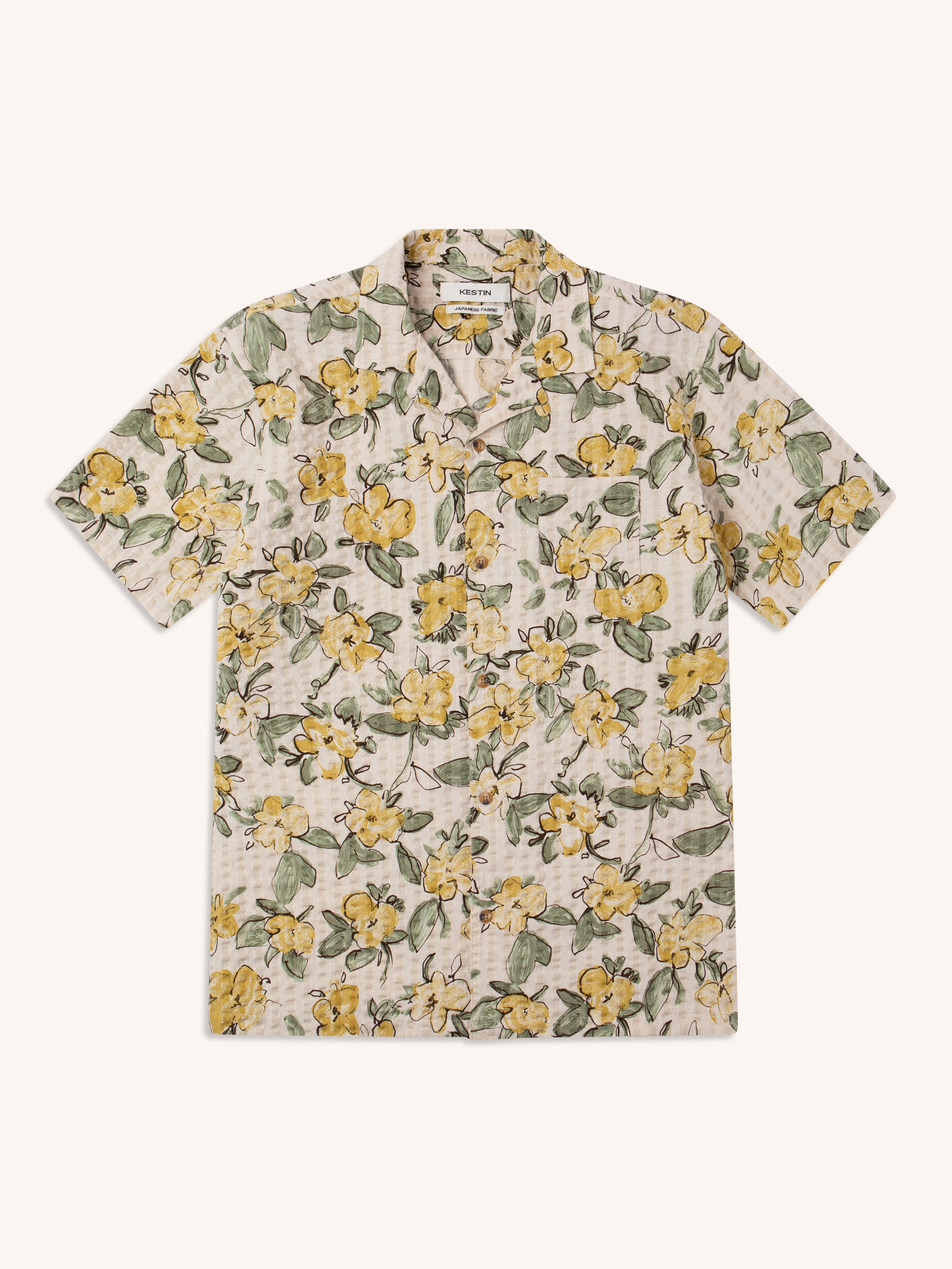 A premium men's short sleeve shirt with a floral print, on a white background.