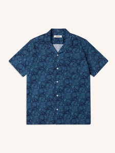 A short sleeve shirt from KESTIN, in a blue marble custom print, on a white background.