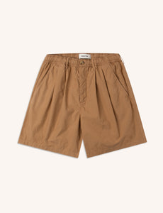 A pair of tan brown shorts in a relaxed fit, on a white background.