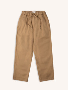 A pair of relaxed fit, casual chino trousers in tan, on a white background.