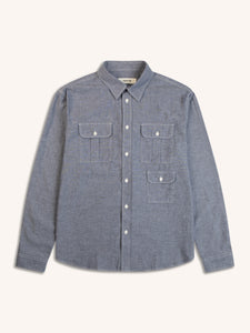 A chambray denim shirt on a white background.