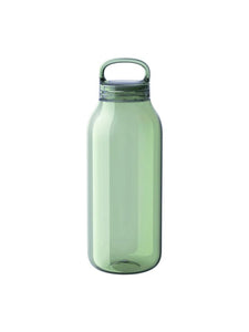 A see-through water bottle in green, on a white background.