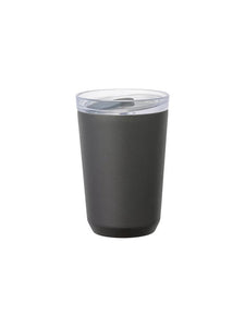 A black thermal tumbler on a white background.