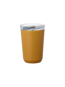 A brown stainless steel tumbler on a white background.