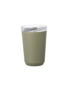 A khaki green thermal flask on a white background.