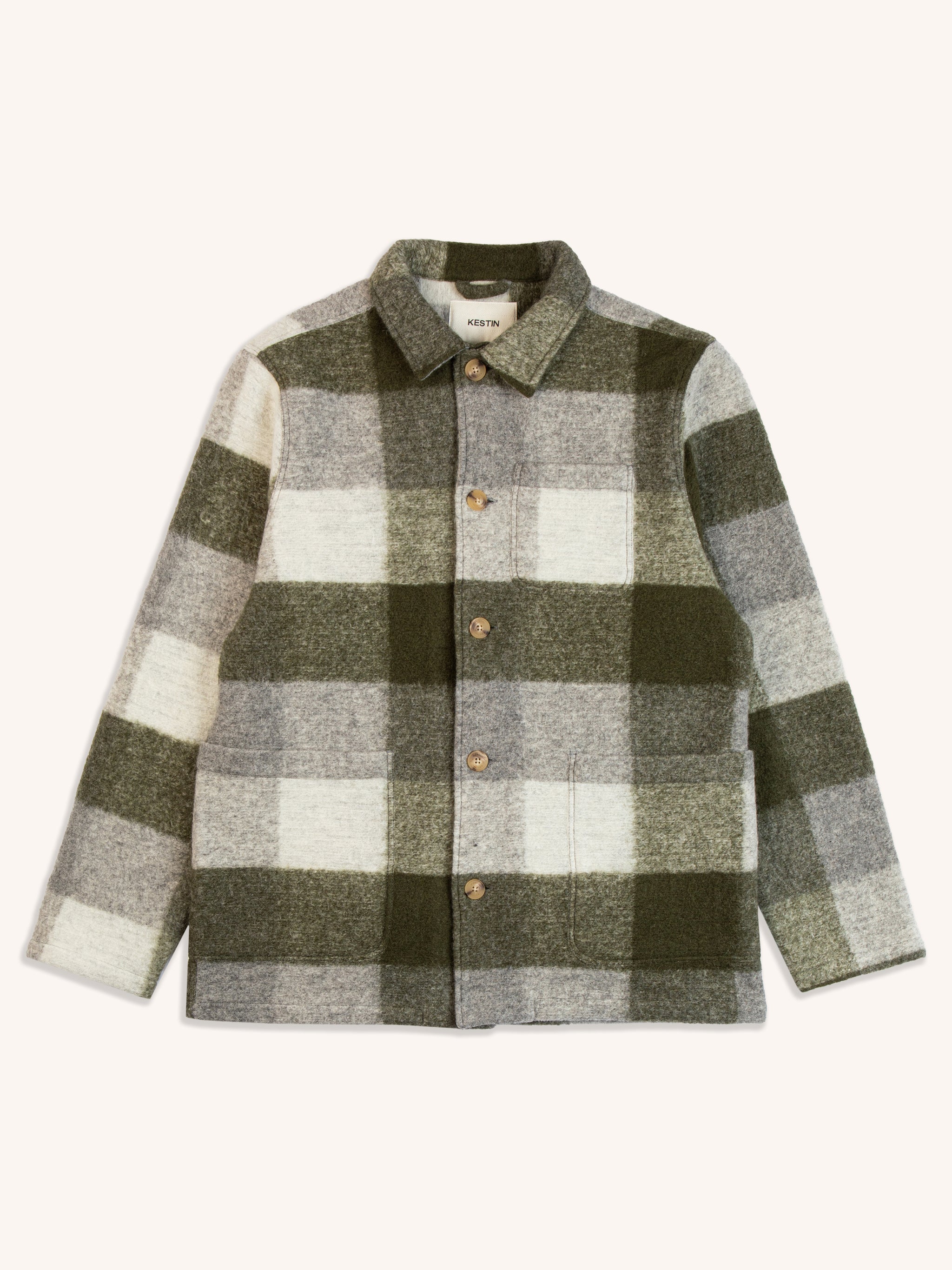 A men's wool jacket in a green check wool fabric, on a white background.