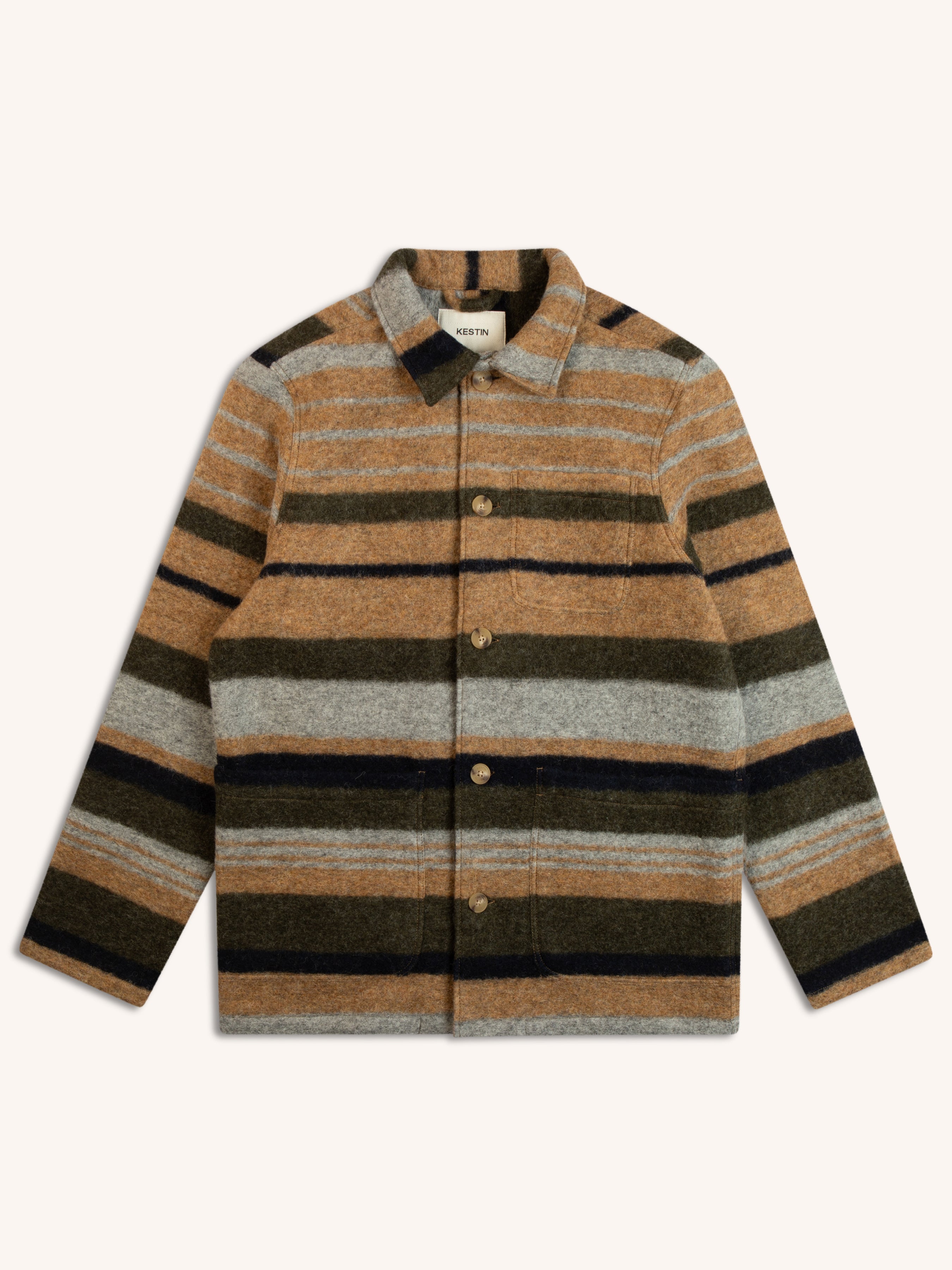 A brown stripe fleece jacket from menswear designer KESTIN, on a white background.