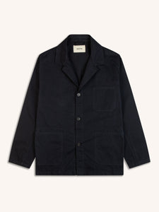 A navy blue men's blazer, made from cotton twill, on a white background.