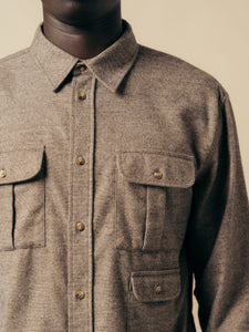 A close-up of the KESTIN Kinnaird Shirt with three patch pockets in a brushed brown fabric.