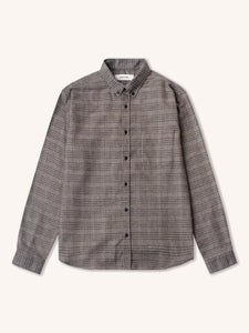 A men's long sleeve shirt with a grey check pattern, on a white background.