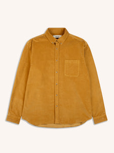 A yellow men's shirt, made from a vibrant moleskin fabric, on a white background.