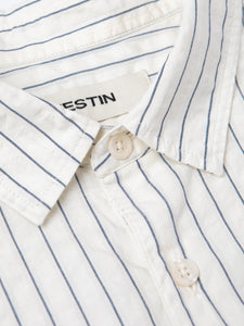 A close-up of the collar of the KESTIN Aberlady Shirt in white stripe.