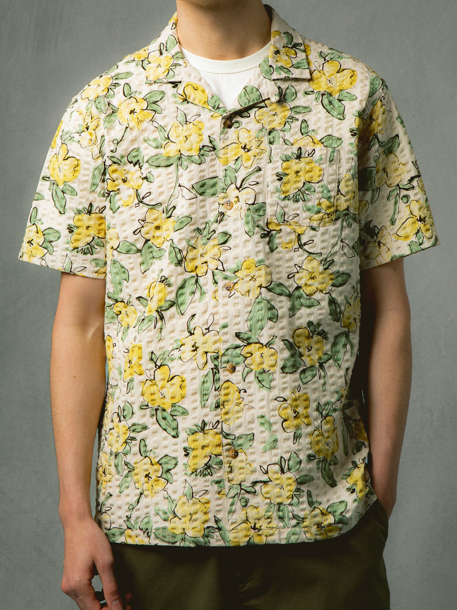 A premium men's short sleeve shirt made from a Japanese floral seersucker.