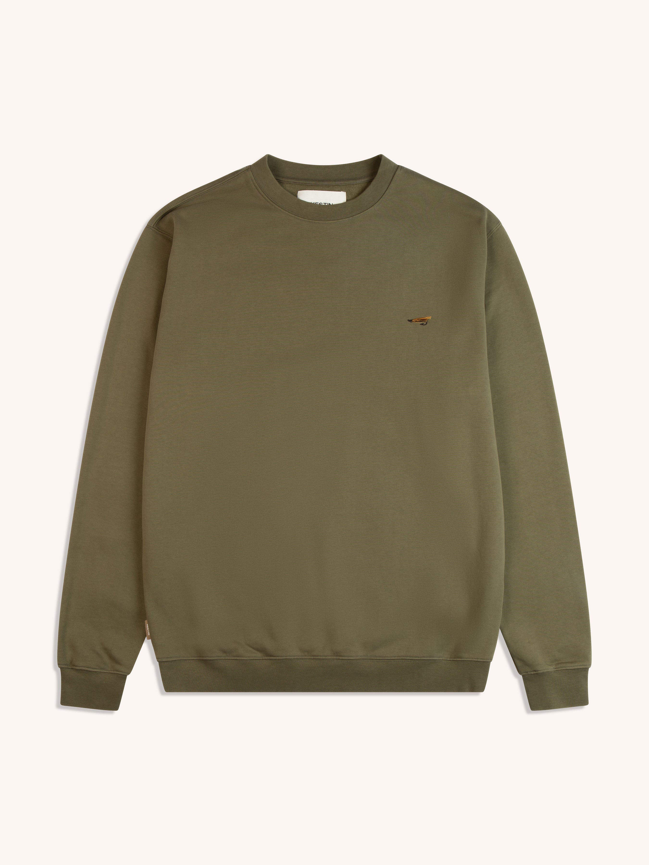 A green sweatshirt with a crew neck and embroidery to the chest.