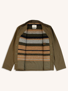 An unbuttoned winter jacket showing a striped Italian wool fleece lining.