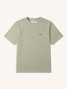 A sage green short sleeve t-shirt on a white background, featuring chest embroidery.