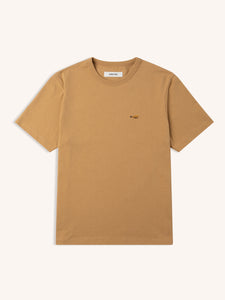 A short sleeve tee in tan brown, on a white background, with embroidery to the chest.