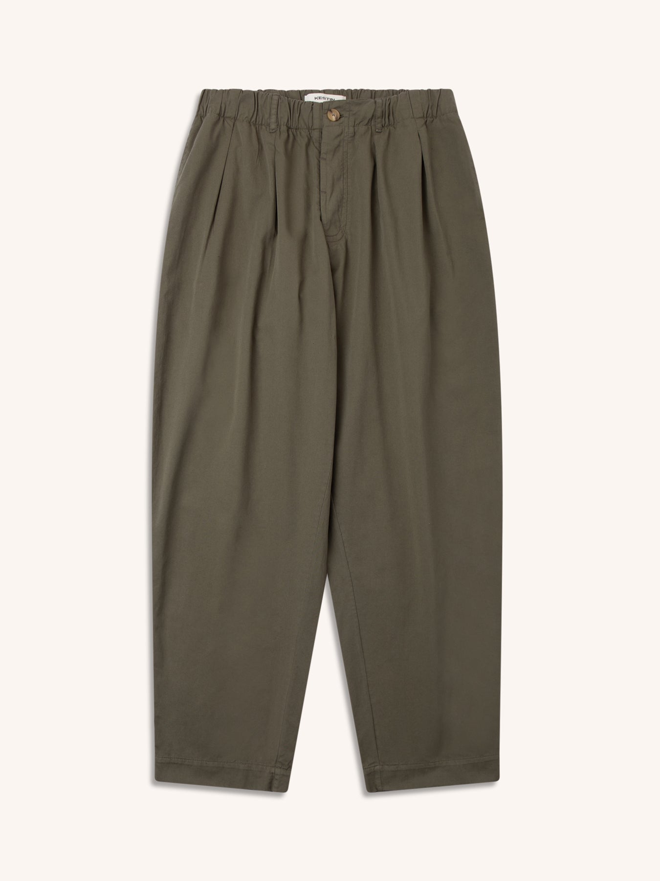 A pair of relaxed fit trousers in olive green from menswear brand KESTIN, on a white background.