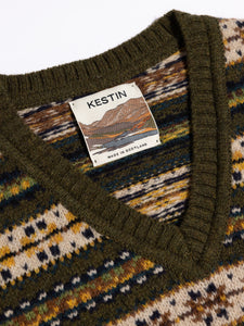 The woven neck label to a Fairisle Sweater Vest from menswear brand KESTIN.