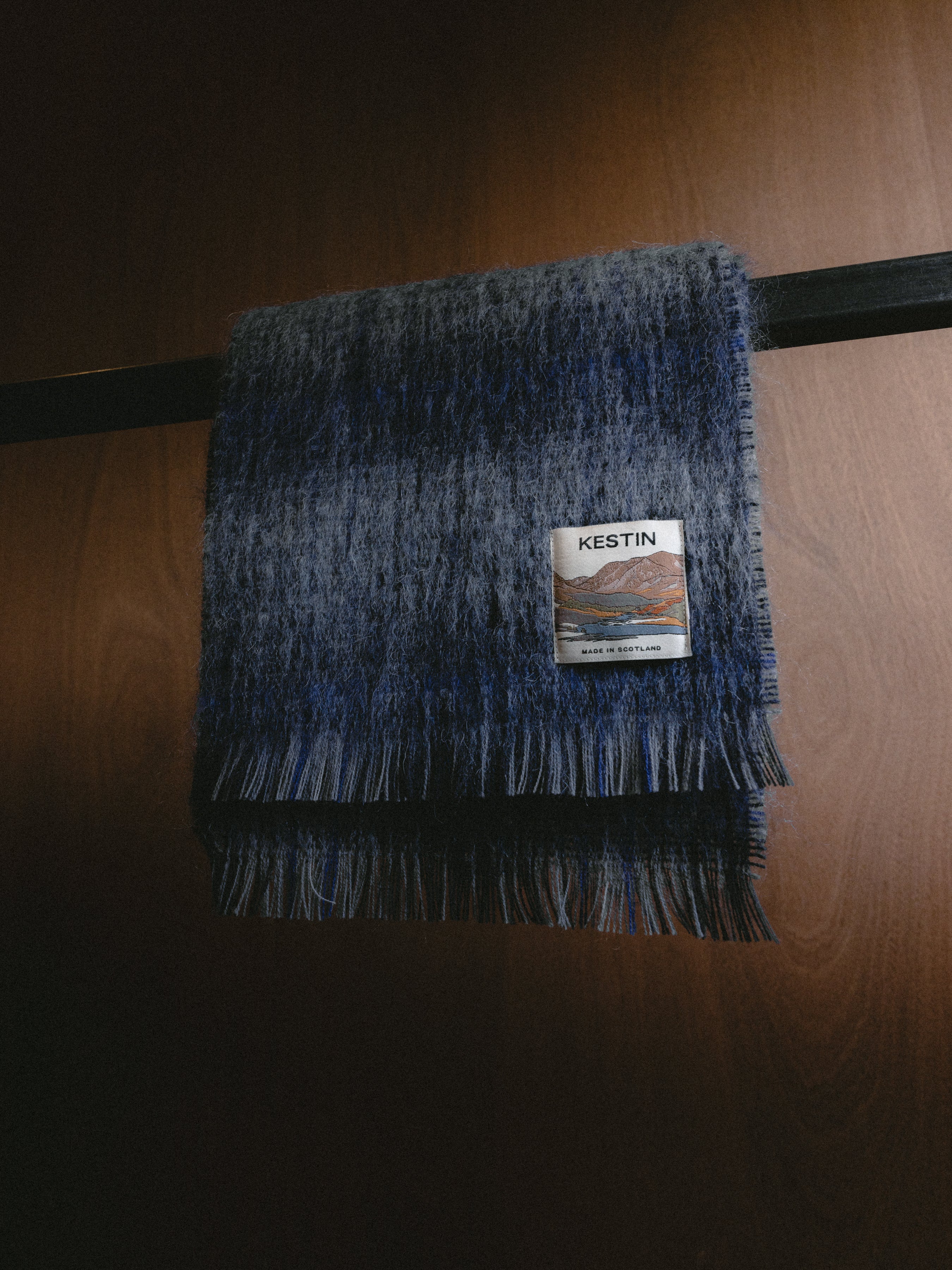 Muir Brushed Scarf in Navy Check Mohair Blend